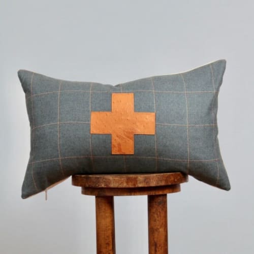 Blue Plaid Wool with Leather Cross Lumbar Pillow 14x22 | Pillows by Vantage Design