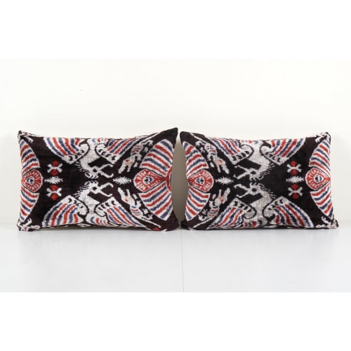 Set of Two Ikat Velvet Pillow, Pair Silk Lumbar Cushion | Pillows by Vintage Pillows Store