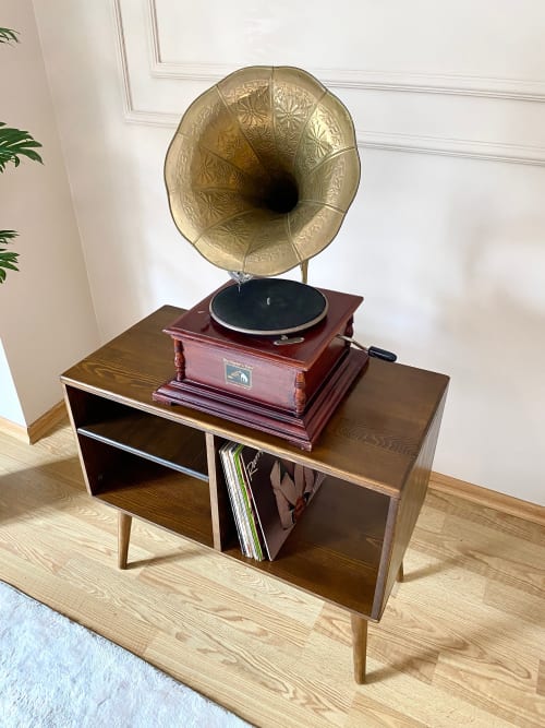 3 Compartments Record Player Stand, Pine Massive Turntable | Media Console in Storage by Picwoodwork