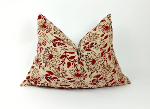 red block print pillow, red beige block printed pillow | Pillows by velvet + linen