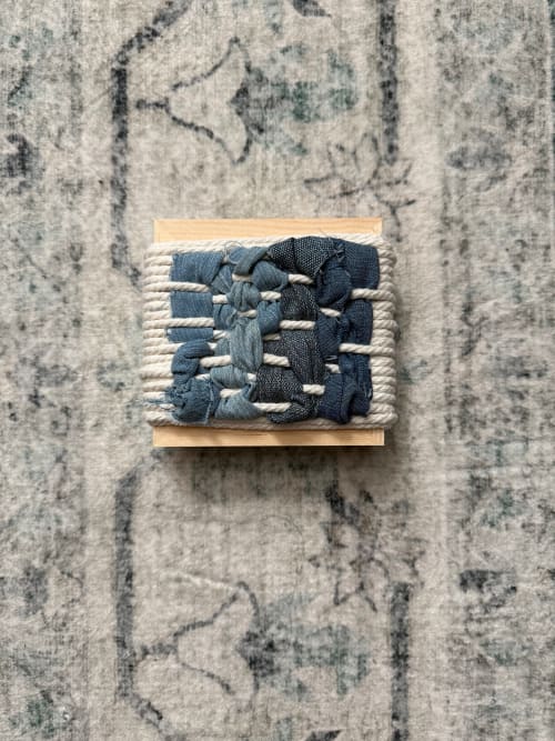 Mini Woven Tile - Denim #2 | Wall Hangings by Mpwovenn Fiber Art by Mindy Pantuso