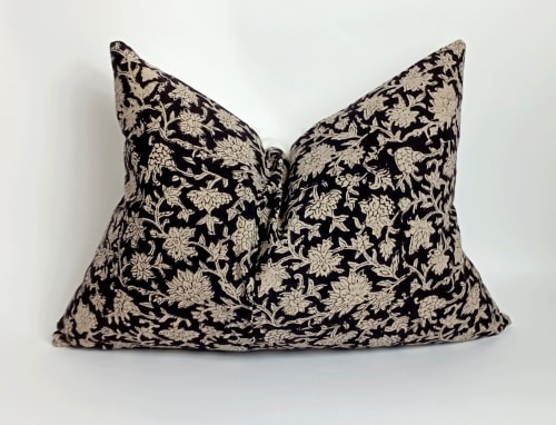 block print pillow, block print black floral pillow, block | Pillows by velvet + linen