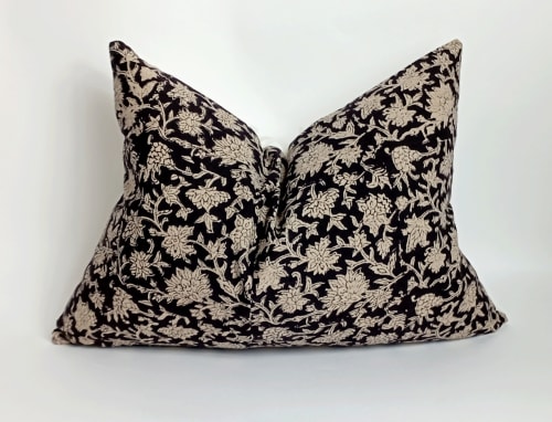 block print pillow, block print black floral pillow, block | Pillows by Velvet Fringe