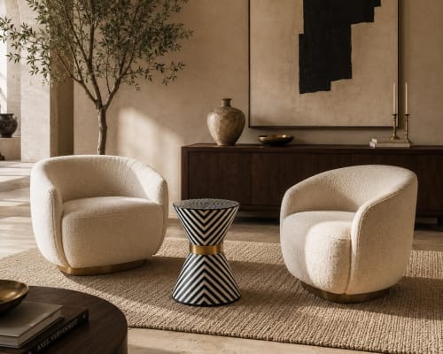 Handmade Bone Inlay Hourglass Side Table, Chevron Art Deco Pedestal Accent | Tables by IKKAZA