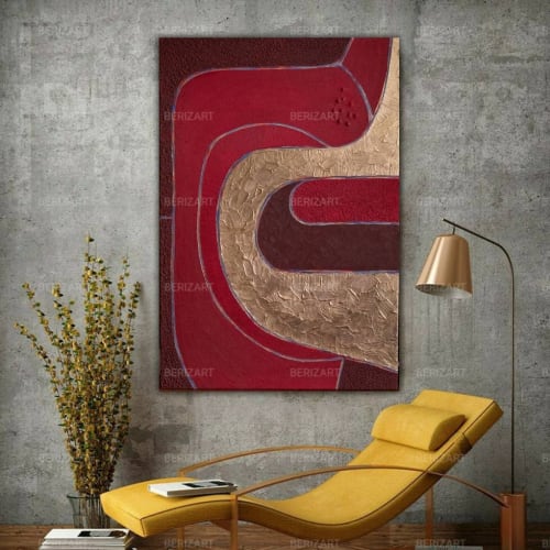 Large abstract burgund red painting 3d textured gold leaf | Oil And Acrylic Painting in Paintings by Berez Art