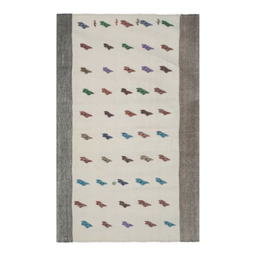 Vintage Aubusson Butterfly Pattern Kilim Rug - Embroided | Rugs by Vintage Pillows Store