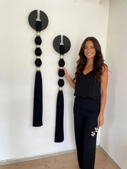 Black Velvet Tassel Wall Hanging, Fiber Wall Decor, Large Beaded Wall Tapestry, Macrame Wall Hanging | Wall Hangings by İnanç Yılmaz