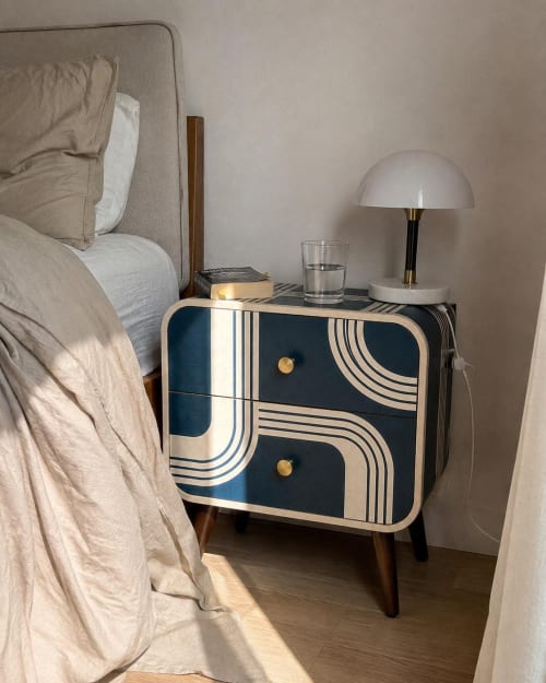 Handmade Art Deco Bone Inlay Nightstand Chic Bedside Table, Brass Knobs, Walnut Legs | Storage by IKKAZA