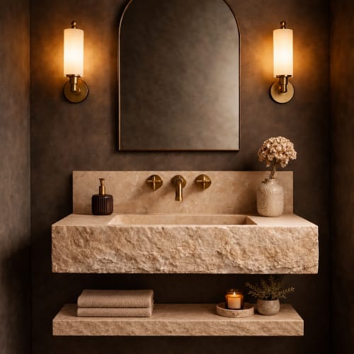 Travertine Stone Sink with Shelf and Backsplash | Water Fixtures by Sinan O