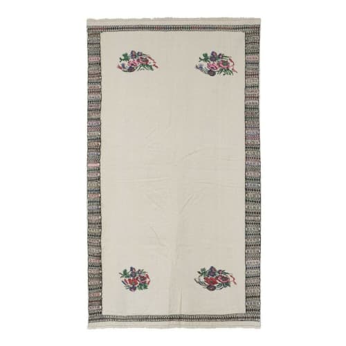 Vintage Floral Aubusson Unusual Kilim Rug - Embroided | Rugs by Vintage Pillows Store