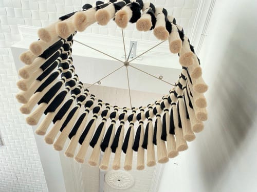 Black and White Modern Macrame Chandelier | Handmade Boho Pendant Light | Fringe Ceiling Lamp | Macrame Wall Hanging in Wall Hangings by RavaTapestryArt