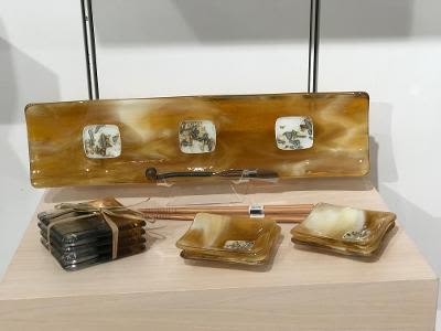 Amber Swirl Fused glass Sushi set /fused glass coasters | Interior Design by KMW Glass Art | Makers Market in Walnut Creek