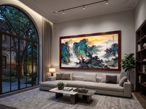 Hand-Painted Silk Flowing Springs Landscape Art on Silk/Xuan | Oil And Acrylic Painting in Paintings by Dynasty Artisan