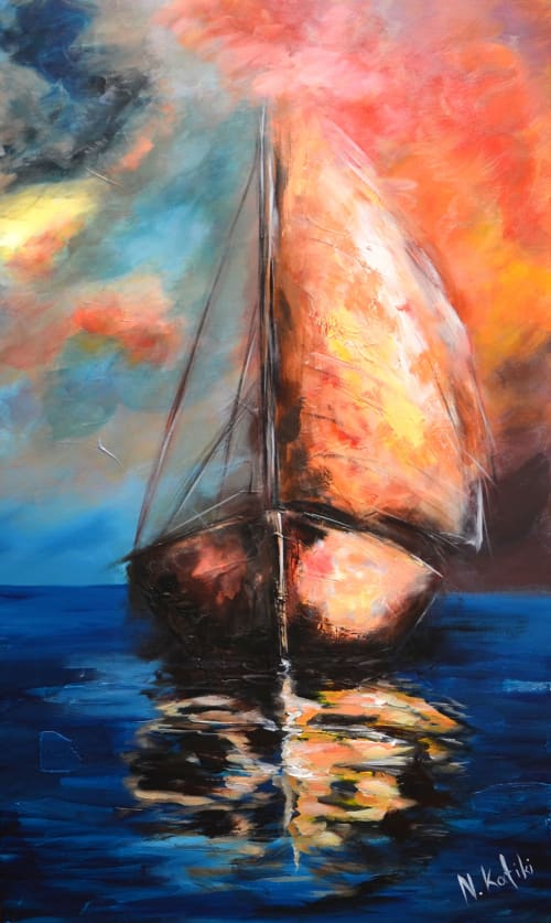 "Boat on fire" original painting, acrylic on canvas, 50X90cm | Paintings by Niki Katiki