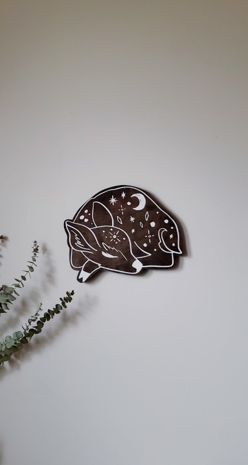 sleeping deer wood wall art, woodland nursery room decor | Wall Sculpture in Wall Hangings by Studio Wildflower