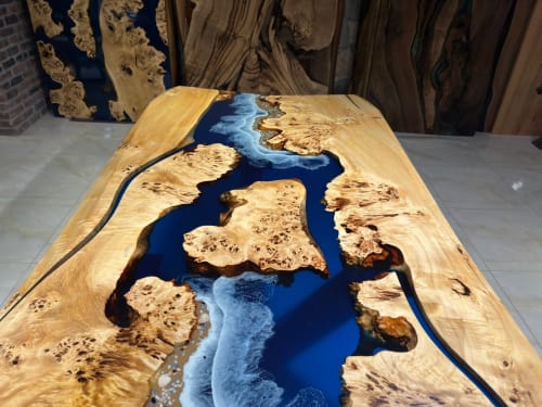 Custom Blue Epoxy Resin Olive Wood Dining Table - Gul Natural