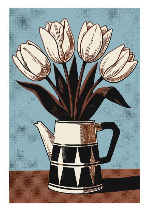 Coffee pot with white tulips | Paintings by Paul Manwaring Fine Art Prints