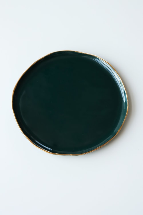 Dark Green Dessert Plate with gold edge | Ceramic Plates by Rozenthal Ceramics Studio | Rozenthal Ceramics in Rīga