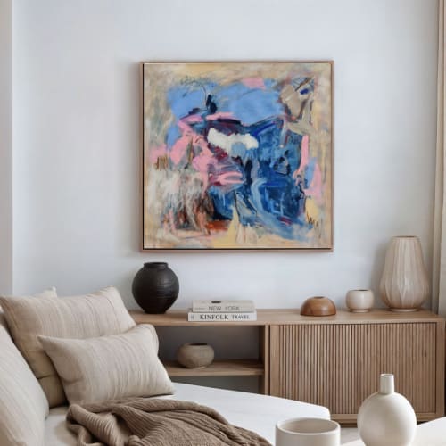 Large abstract colourful painting expressionist beige blue | Paintings by Serge Bereziak