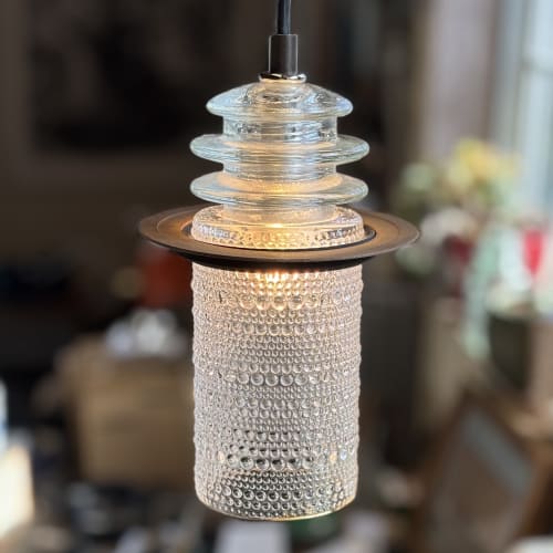 Beaded Glass Insulator Light Pendant Clear with Rusted Metal | Pendants by RailroadWare Lighting Hardware & Gifts