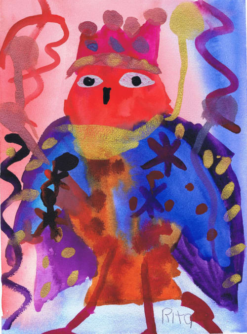 Purim King Owl - Original Watercolor | Paintings by Rita Winkler - My Art, My Shop - Where Every Stroke Speaks of Joy and Inclusion (watercolors by artist who has Down syndrome)