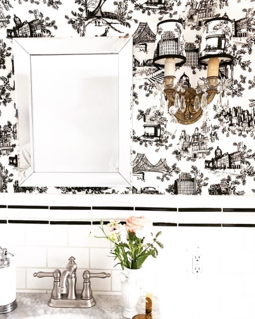 Toile de Ville Wallpaper in St. Denis Black & Toile de Ville Sconces | Wallpaper by Mezari Atelier & Boutique