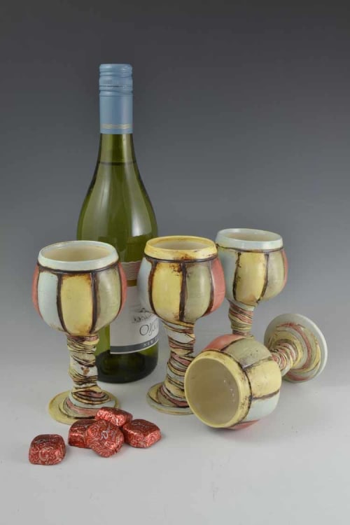Whimsical Ceramic Twisted Stem Wine Goblets | Cups by Geometric Illusion Ceramics (Tania Rustage)