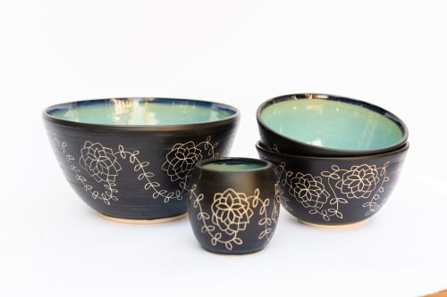 Turquoise & Black Deep Serving Bowl With Hand Carved Design | Tableware by Tina Fossella Pottery