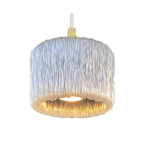 Cylinder mini shade is wrapped with reflective aluminum wire | Pendants by RailroadWare Lighting Hardware & Gifts