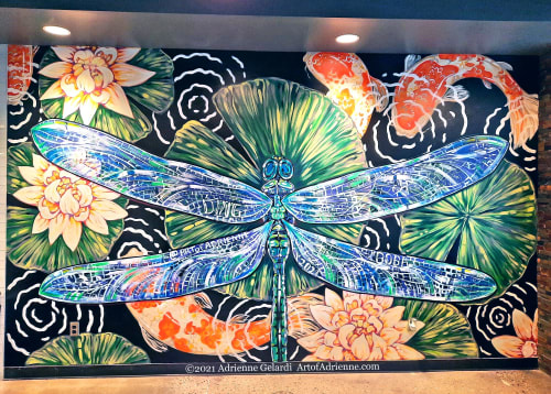 Dragonfly Koi Pond Selfie Mural at Ding Tea East Lansing | Murals by Art of Adrienne | Ding Tea East Lansing in East Lansing