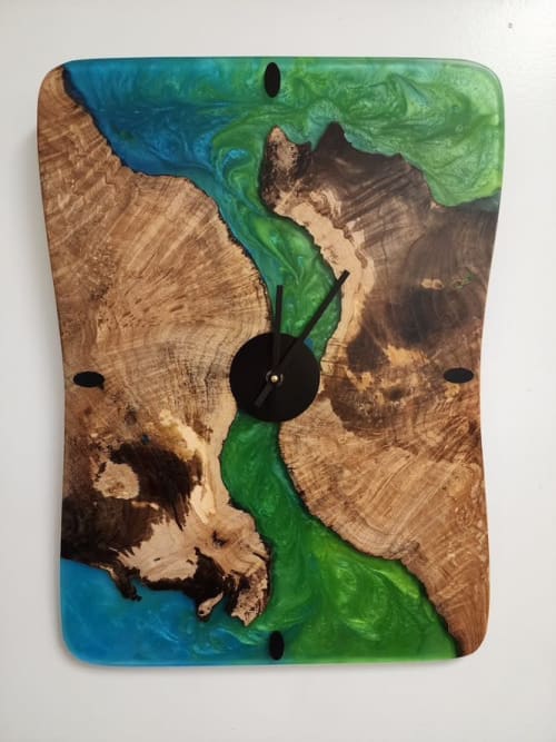 Resin Wood Art Clock - Swirly Greens & Blue Resin | Decorative Objects by Carlberg Design