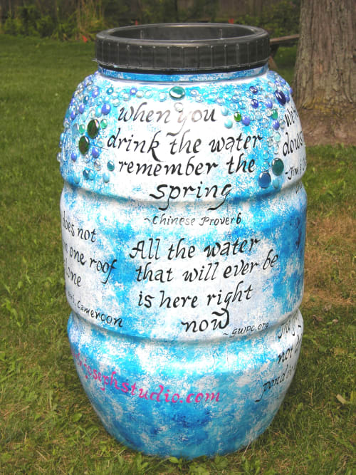 Embellished Rain Barrels | Planter in Vases & Vessels by Judith Joseph | Chicago Botanic Garden in Glencoe