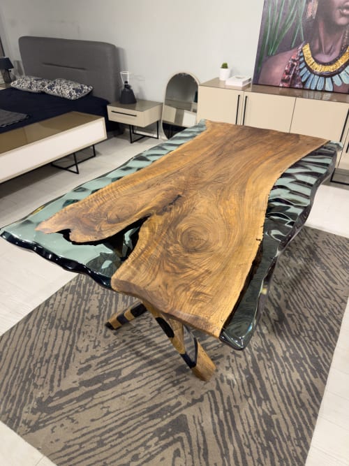 Walnut Sea Green Epoxy Resin Live Edge Dining Table | Tables by Tinella Collection