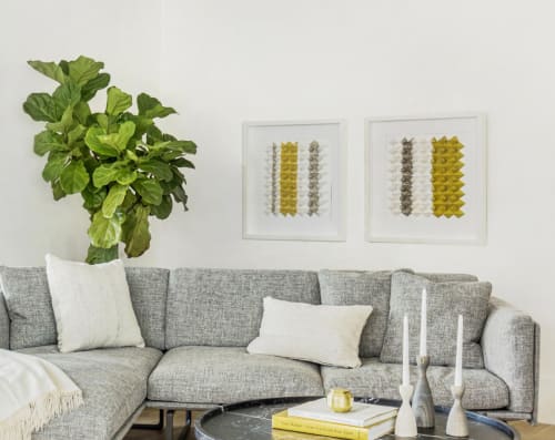 Pair of folded paper sculptures - yellow stripes | Mixed Media by Studio NEA Design