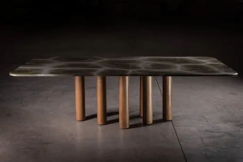 023 Dining Table, Turtle Quartzite Top with Solid Oak Cylind | Tables by NO AGE FURNITURE STUDIO