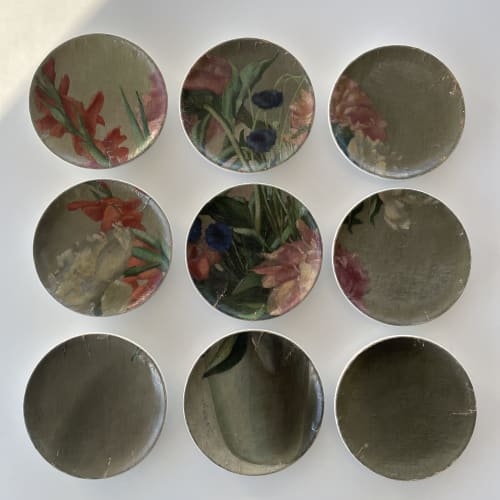 "Vase of Peonies" Installation: plates & oil on canvas | Wall Hangings by Studio DeSimoneWayland