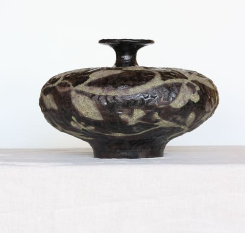 Stout Noir Vessel with Vine and Floral detail | Vases & Vessels by Twinette Poterie