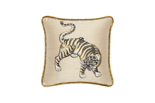 Tiger Hand Painted Pillow On Silk | Cushion in Pillows by ALPAQ STUDIO