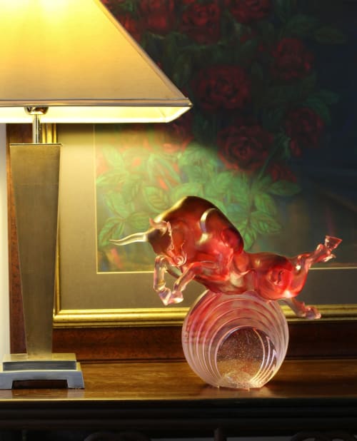 Crystal Art Bull Statue in Gold Red/Purple "Rise Above" | Sculptures by Lawrence & Scott