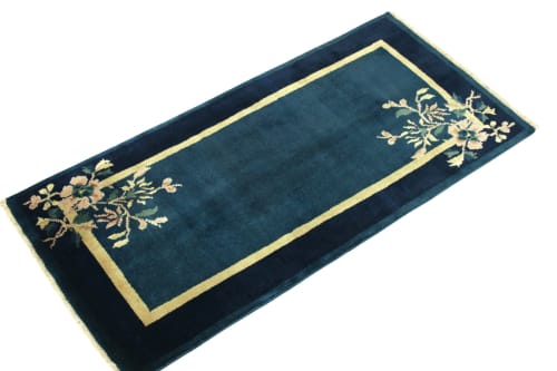 Vintage Chinese Deco style rug in Deep Blue, Gold Border | Rugs by Rug and Kilim