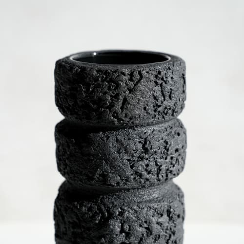 Sculptural Cylinder Vase in Textured Carbon Black Concrete | Vases & Vessels by Carolyn Powers Designs