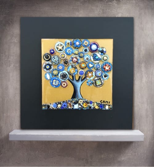 Tree of Love - "The Golden Blues" - 10x10" | Mixed Media by Cami Levin