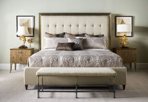 Hamilton Medium Antique Gold Brass US Queen Bed, Upholstered in Skipper | Beds & Accessories by Jonathan Charles Fine Furniture