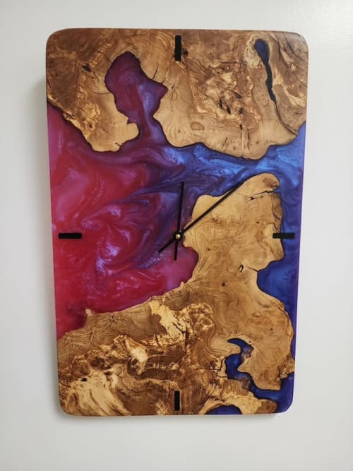 Epoxy Wood Art Clock - Deep Swirly Reds & Blue Resin | Decorative Objects by Carlberg Design