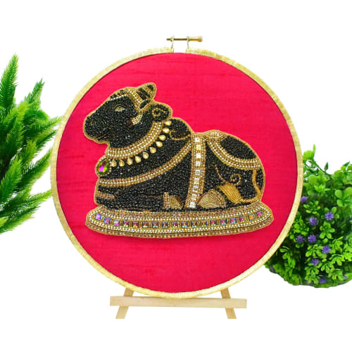 Lord Shiva Gatekeeper Nandi Cow Artwork | Embroidery in Wall Hangings by MagicSimSim