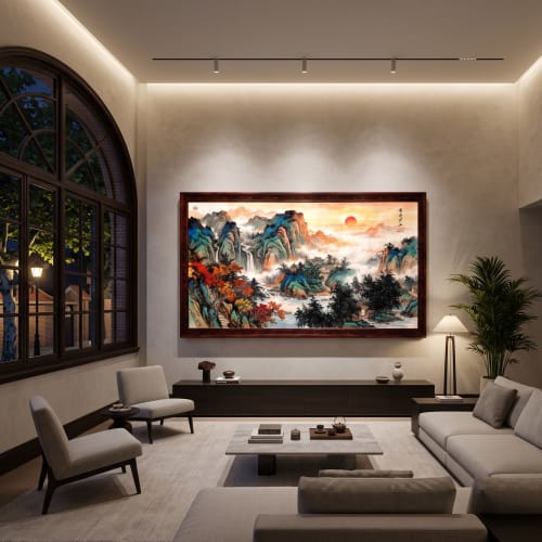 Hand-Painted Ancient Path Sunset: Blue & Green Silk/Xuan Art | Oil And Acrylic Painting in Paintings by Dynasty Artisan