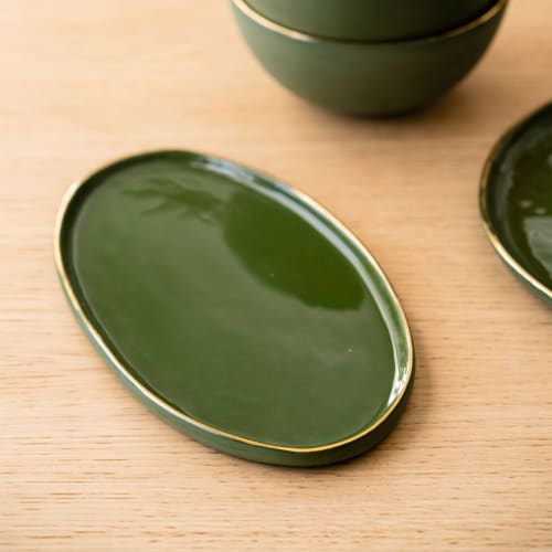 Handmade Oval Porcelain Serving Platter with Gold Rim. Green | Serveware by Creating Comfort Lab | New York in New York