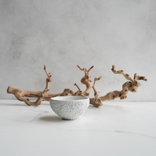 Medium Treasure Bowl in Textured White Concrete with Steel F | Decorative Objects by Carolyn Powers Designs