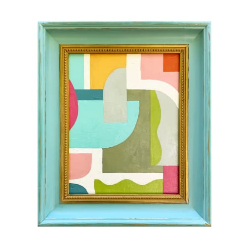 Colorful Minimalist Geometric Painting in Vintage Frame | Oil And Acrylic Painting in Paintings by Suzanne Nicoll Studio