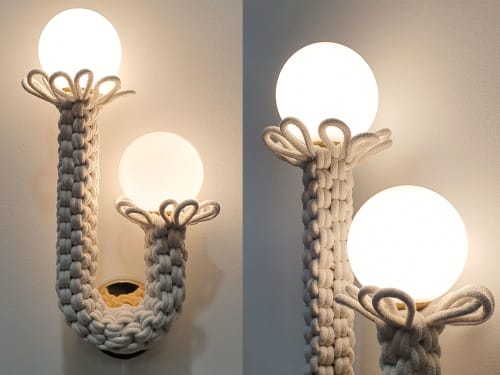 Memphis Fiber Lamp Sconce| Macrame handweave light sculpture | Sconces by Light and Fiber